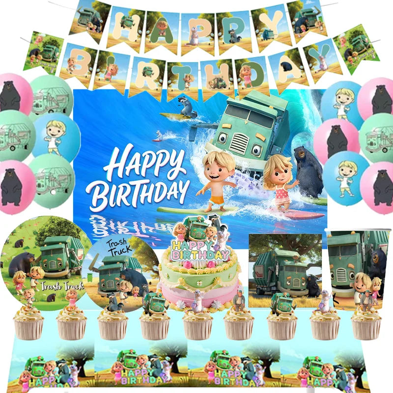 Kids Birthday Party Decorations Set with Trash Truck Cartoon Backdrop, Balloons, Plates, Cups & Napkins