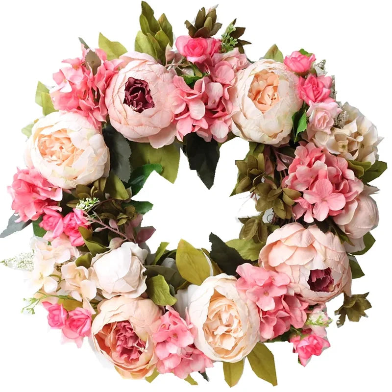 Artificial Peony Wreath Door Decoration - 40cm Silk Flower Wall Hanging for Wedding & Home Decor