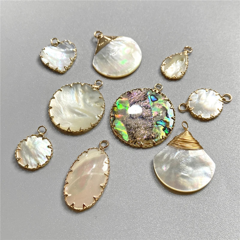 2-Piece Natural Mother-of-Pearl Shell Heart & Fan Pendant Jewelry Set - Handmade