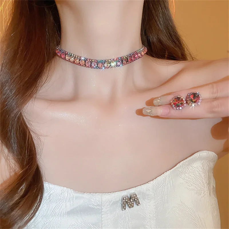 Colorful Crystal Necklace and Earrings Jewelry Set for Women Weddings Party