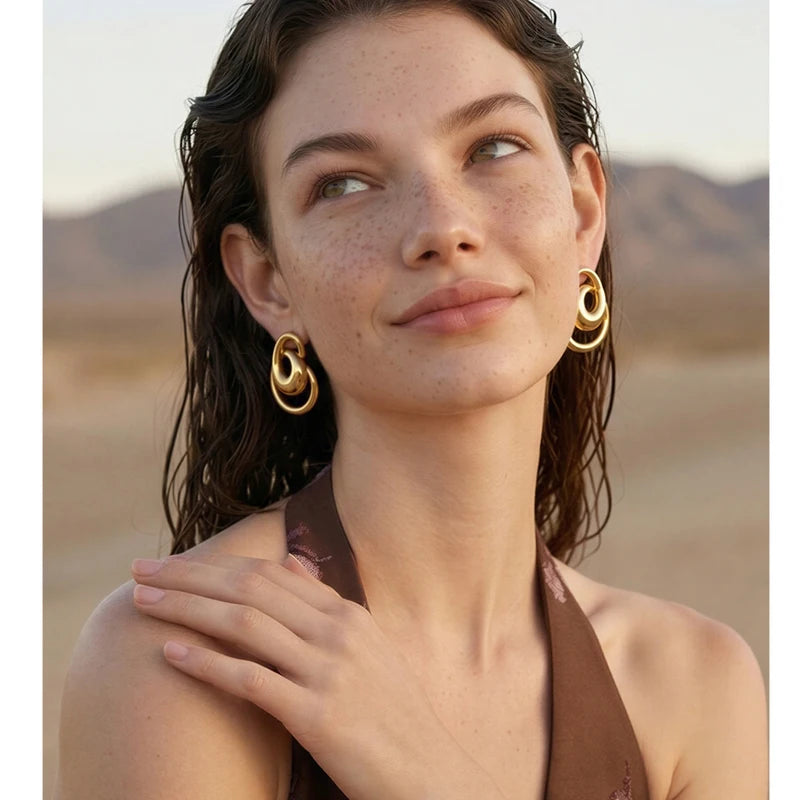 Geometric Hollow Stainless Steel Stud Earrings - Unisex Daily Jewelry