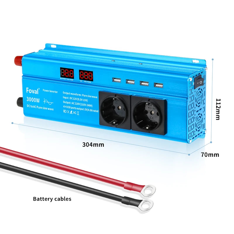 3000W Pure Sine Wave Power Inverter DC12V to AC220V/110V EU US AU Socket USB LED Display