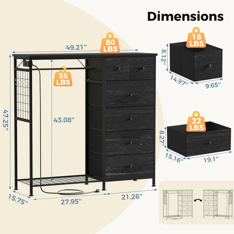 6-Drawer Fabric Dresser with Hanging Rack and LED Lights for Bedroom Storage
