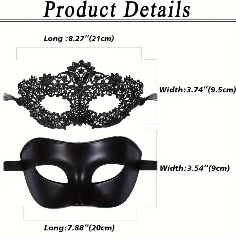 Elegant Black Lace & Matte Half-Face Mask Set for Couples - Venetian Party, Mardi Gras, Halloween