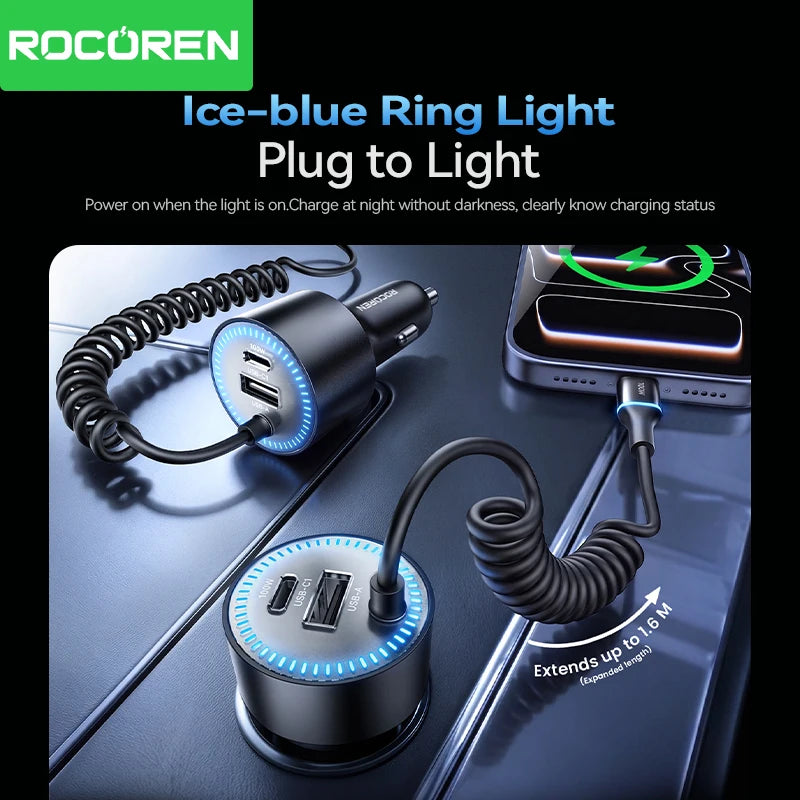 200W Car Charger Fast Charging PD 100W USB-C Power Adapter with Spring Cable