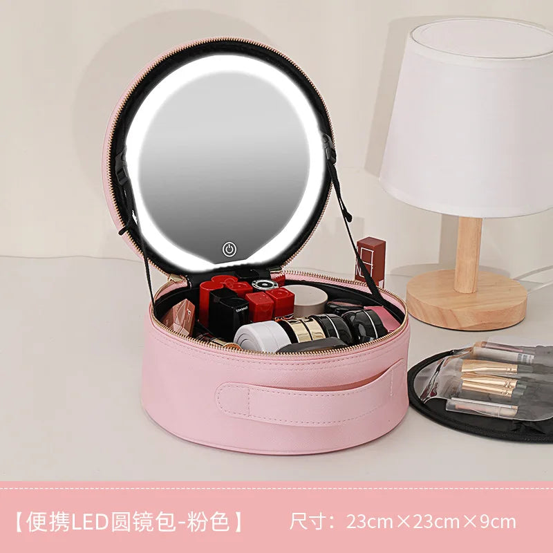 Travel Makeup Bag with LED Mirror and Light - Portable Rechargeable Cosmetic Case