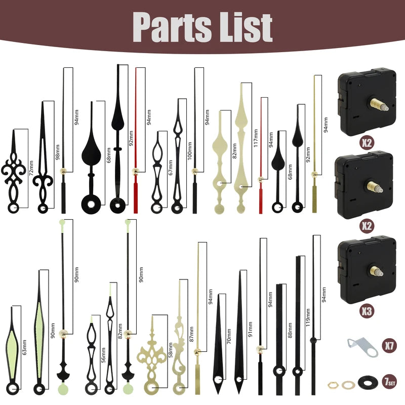 Silent Quartz Clock Mechanism Kit with 10 Aluminium Clock Hands for DIY Repairs