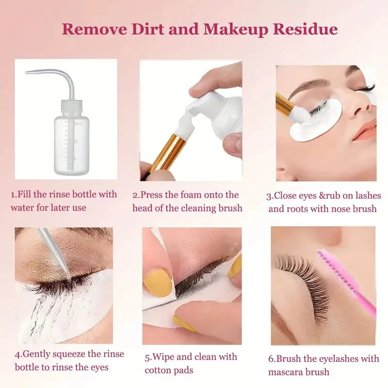 Eyelash Extension Cleaning Kit 4-in-1 Lash Shampoo Brush Foam Bottle Set