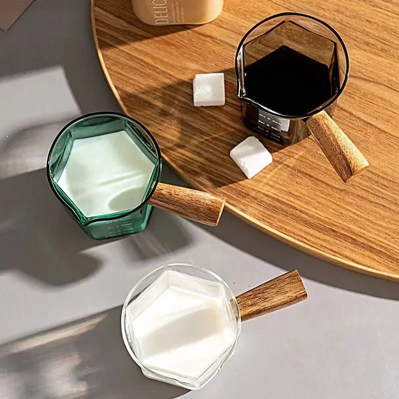 120ml Glass Espresso Measuring Cup with Scale & Wooden Handle - Coffee & Latte Tool