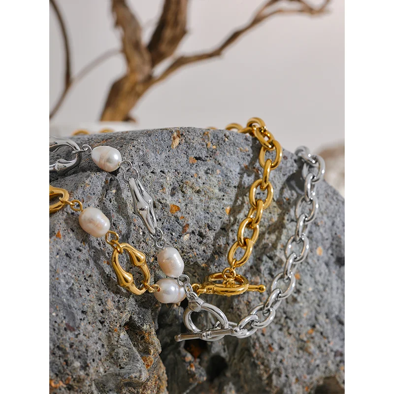 Natural Freshwater Pearl Necklace with Metal Chain - Trendy Women Jewelry Gift