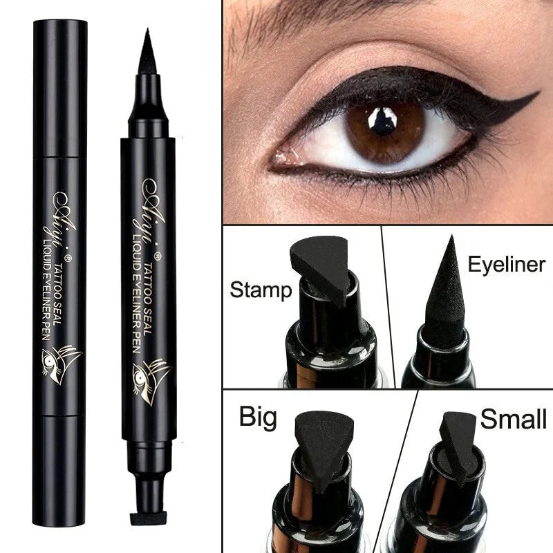 Double-Ended Waterproof Liquid Eyeliner Stamp Pen - Fast-Drying, Smudge-Proof, Long-Lasting Black