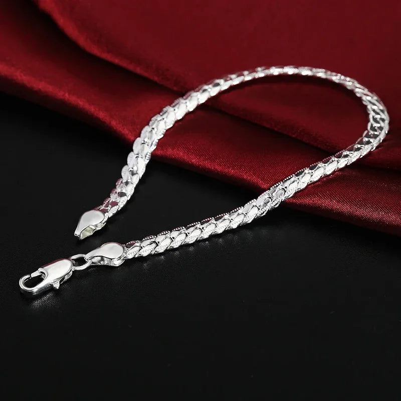 Sterling Silver Bracelet 6mm Flat Chain with Lobster Clasp for Men Women Jewelry