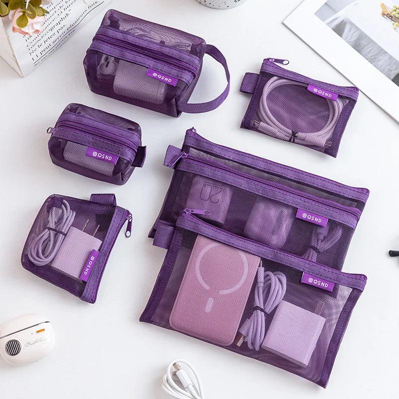 6PCS Transparent Mesh Storage Bags for Coins Cosmetics Travel Organizer Pouches