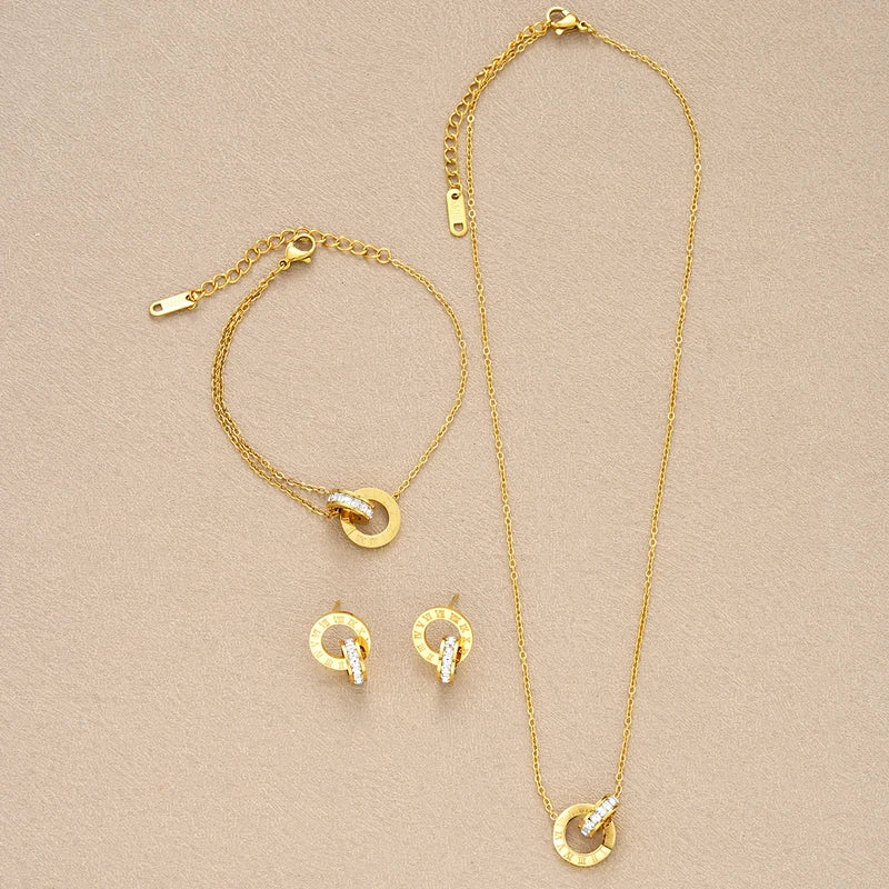 Gold Color Stainless Steel Jewelry Set with Necklace Bracelet Earrings for Women - Interlocking Circles & Roman Numerals - 4 Pieces