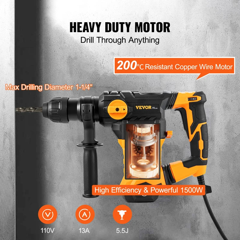 1500W Rotary Hammer Drill with 4 Modes for Concrete & Masonry - Max 32mm