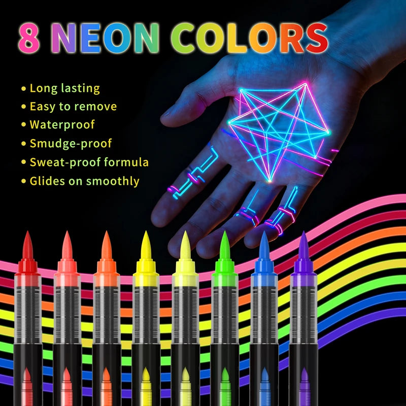 8-Color UV Fluorescent Body Paint Pens - Washable Glow Tattoo & Face Markers