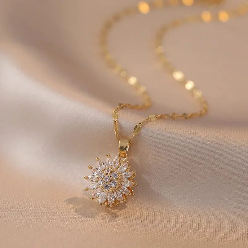 Double-Layer Rotatable Sunflower Necklace for Women Girl Jewelry Choker