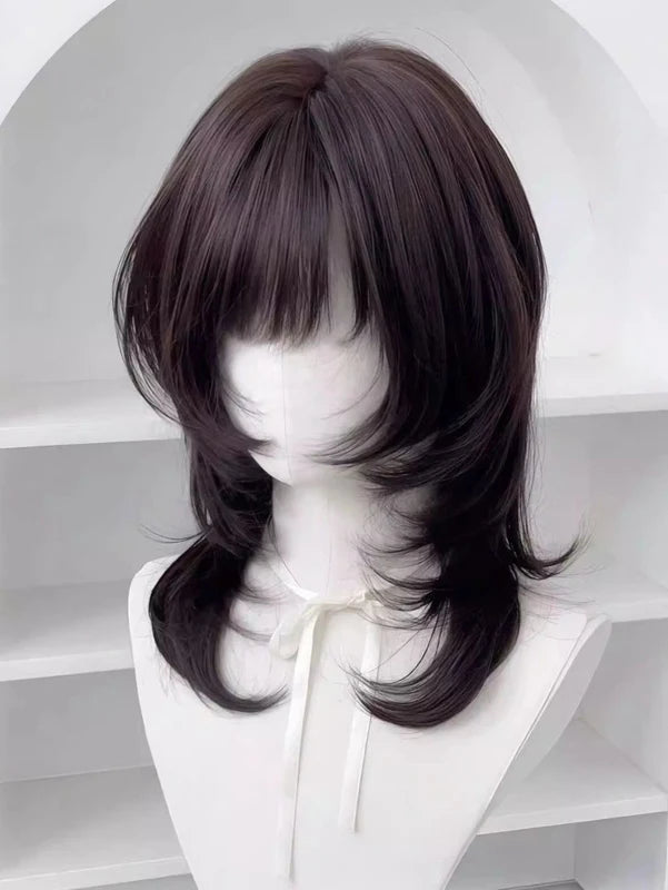 Synthetic Brown Black Medium Straight Wig with Bangs for Women - Natural Layered Style