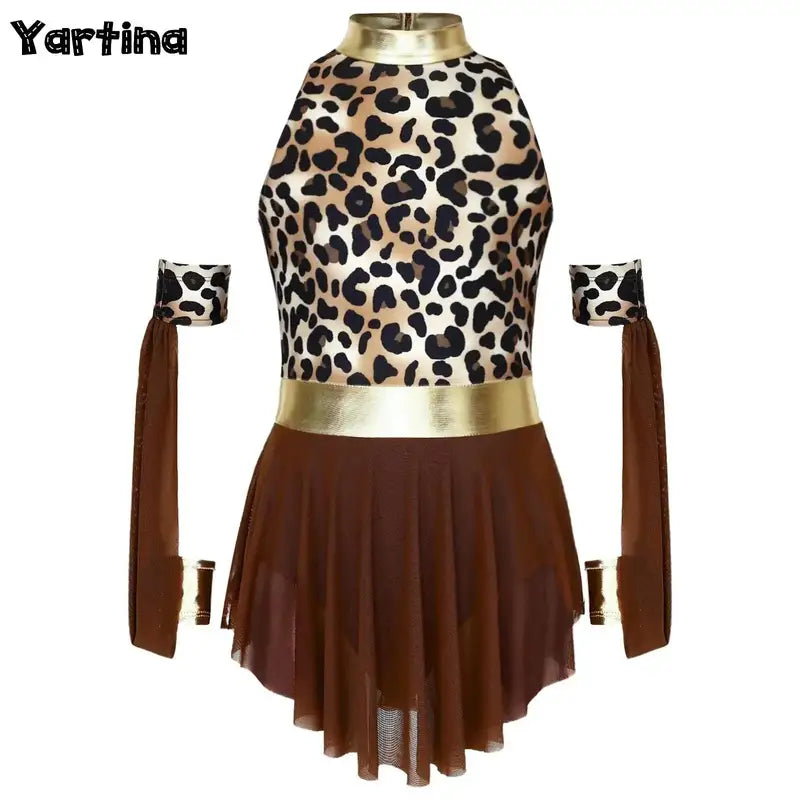 Kids Girls Prehistoric Cave Leopard Print Metallic Dress with Oversleeves Costume