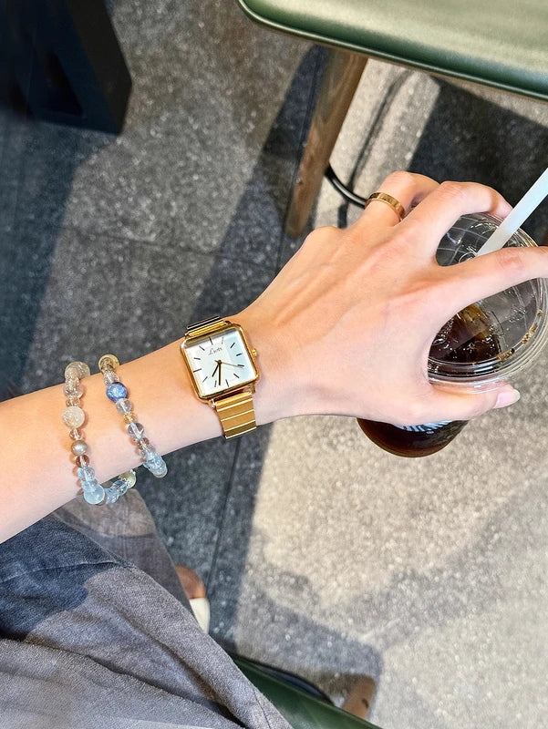 Women’s Retro Gold, Silver & Pink Quartz Watch with Stainless Steel Strap - Waterproof Casual Elegant Square Dial