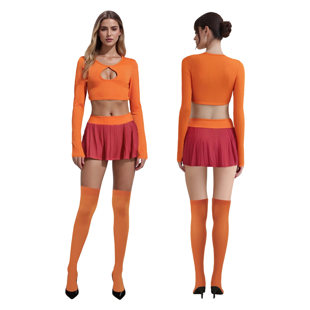 Halloween Velma Costume Women Orange Crop Top & Pleated Skirt Set