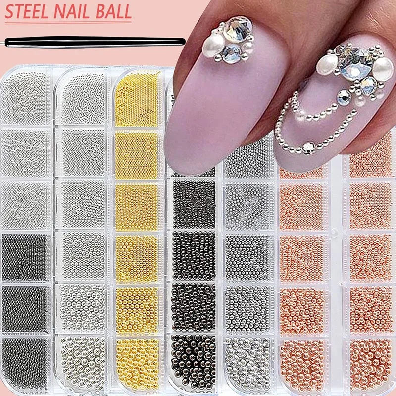 Mini Caviar Beads Nail Art Sets - 12Grid & 6Grid Strass Nail Diamonds for DIY Manicure