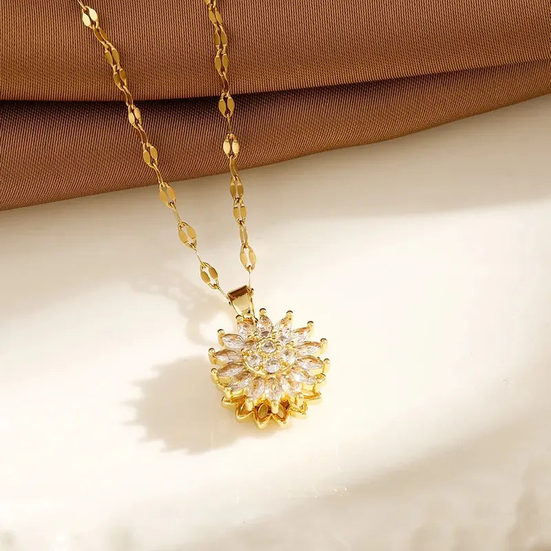 Trendy Spin Sunflower Necklace for Women Stainless Steel Zircon Jewelry