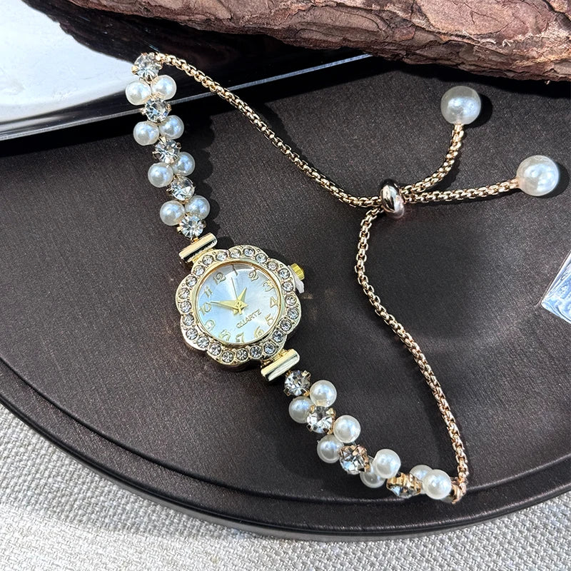 Luxury Double-Row Pearl Quartz Watch with Diamond-Encrusted Case for Ladies