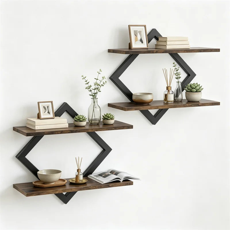 2-Tier Wall Mounted Storage Shelves - Rustic Wood & Metal Design for Living Room & Kitchen