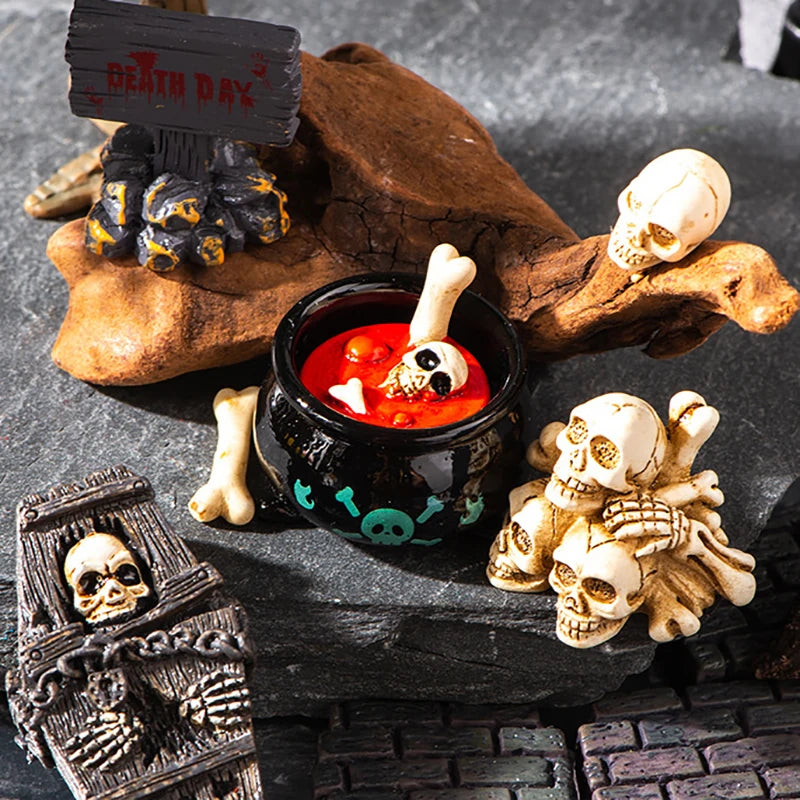 Halloween Micro Landscape Decoration Set - Raven Skull Tombstone Skeleton Ghost Figurines