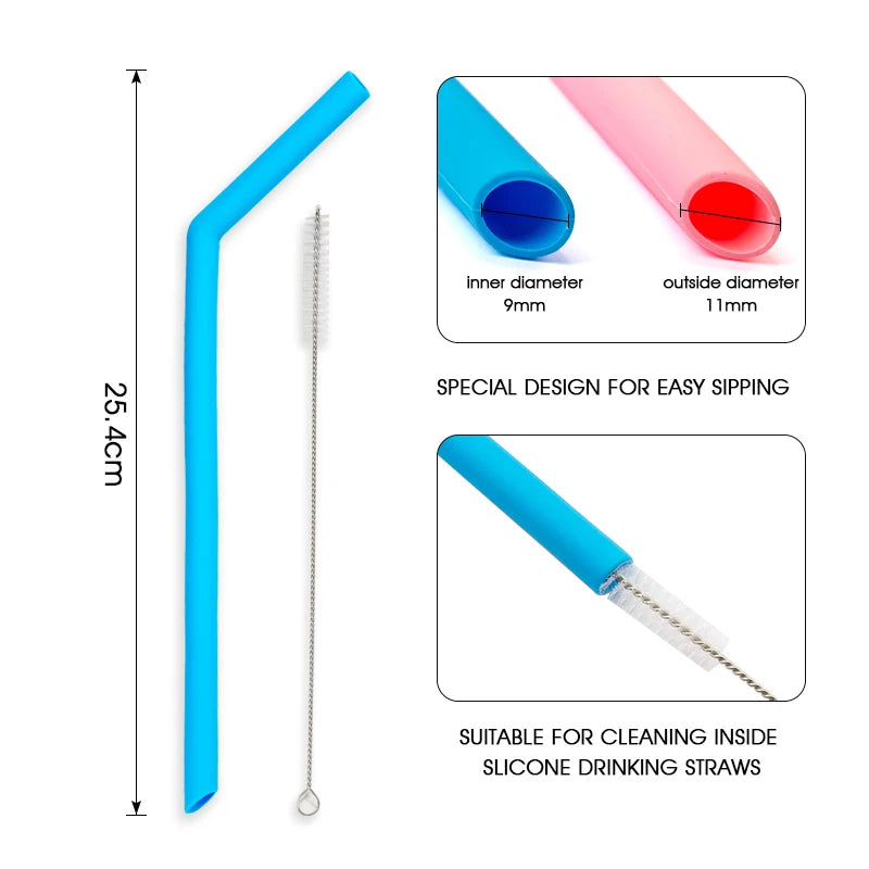 Reusable Food-Grade Silicone Drinking Straws - Foldable & Flexible, Eco-Friendly, Includes Cleaning Brush