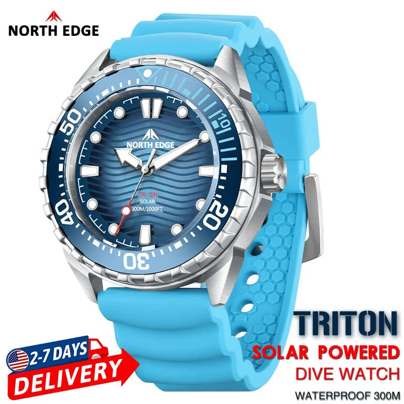 Men's Solar Powered Dive Watch 300M Waterproof Digital Watch with Stainless Steel Case