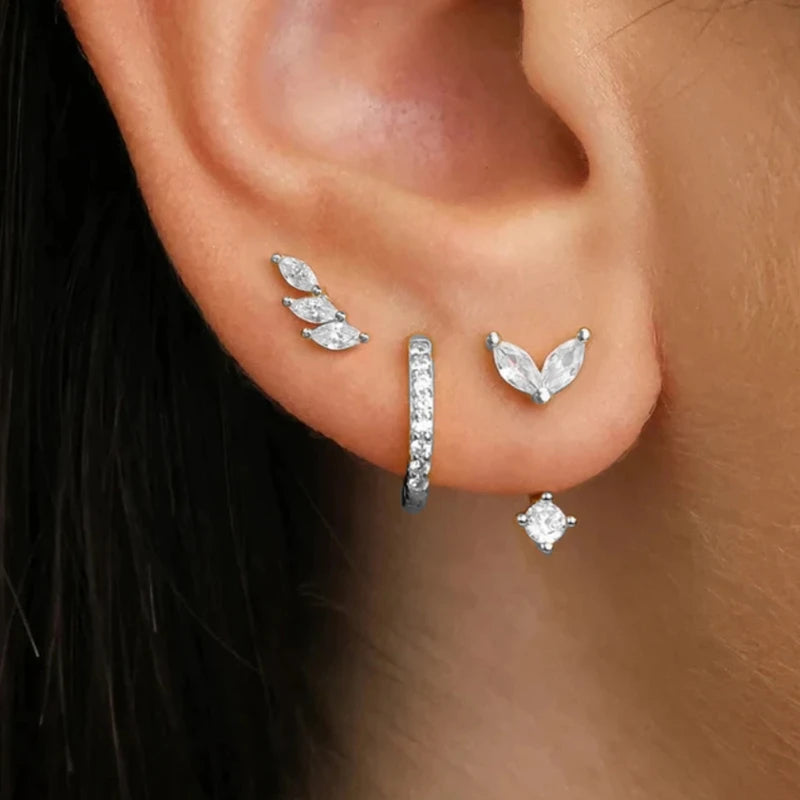 3-Piece Stainless Steel Hoop Earring Set for Women with Zircon Flower Studs