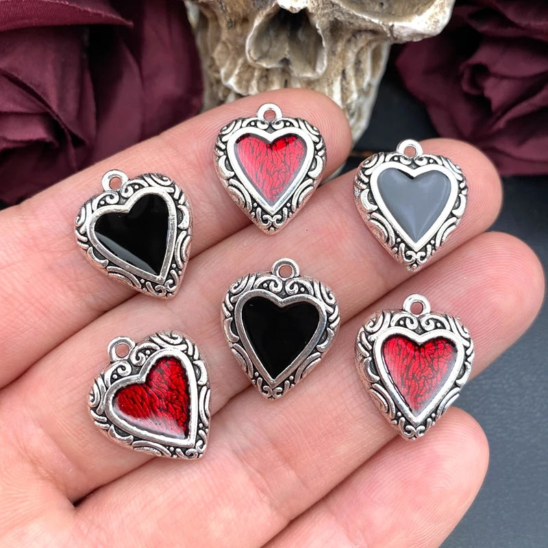10pcs Enamel Heart Charm Pendants for Jewelry Making - Red & Black Vintage Style