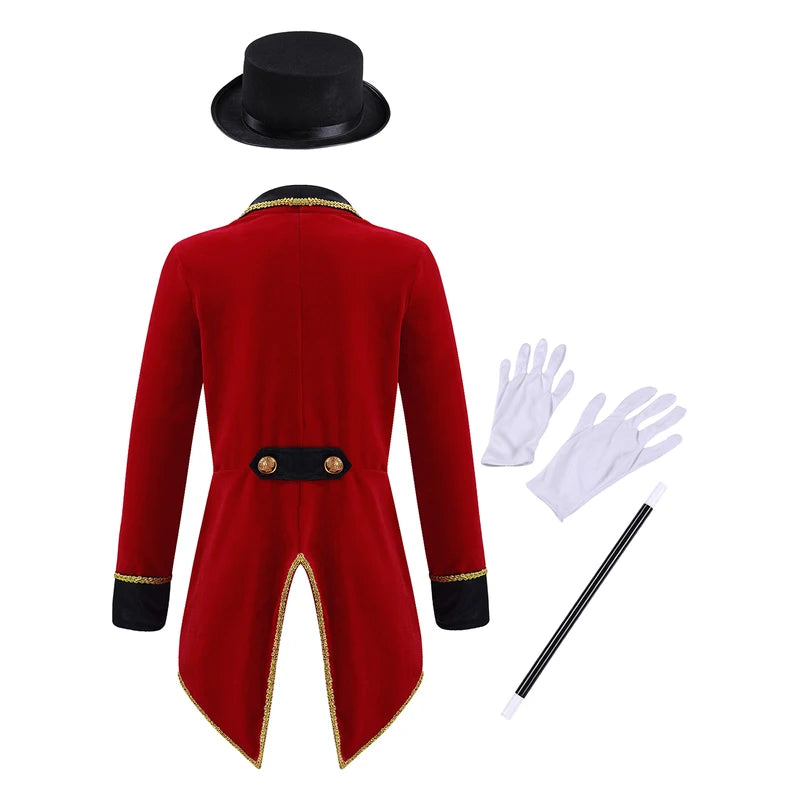 Circus Ringmaster Tailcoat Costume with Hat, Wand & Gloves for Kids & Adults