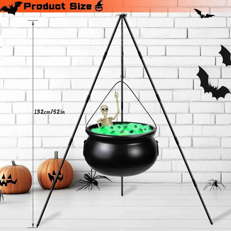 Halloween Witches Cauldron with Tripod, Green Eyeballs, Skeleton & Lights - Outdoor Yard Decor