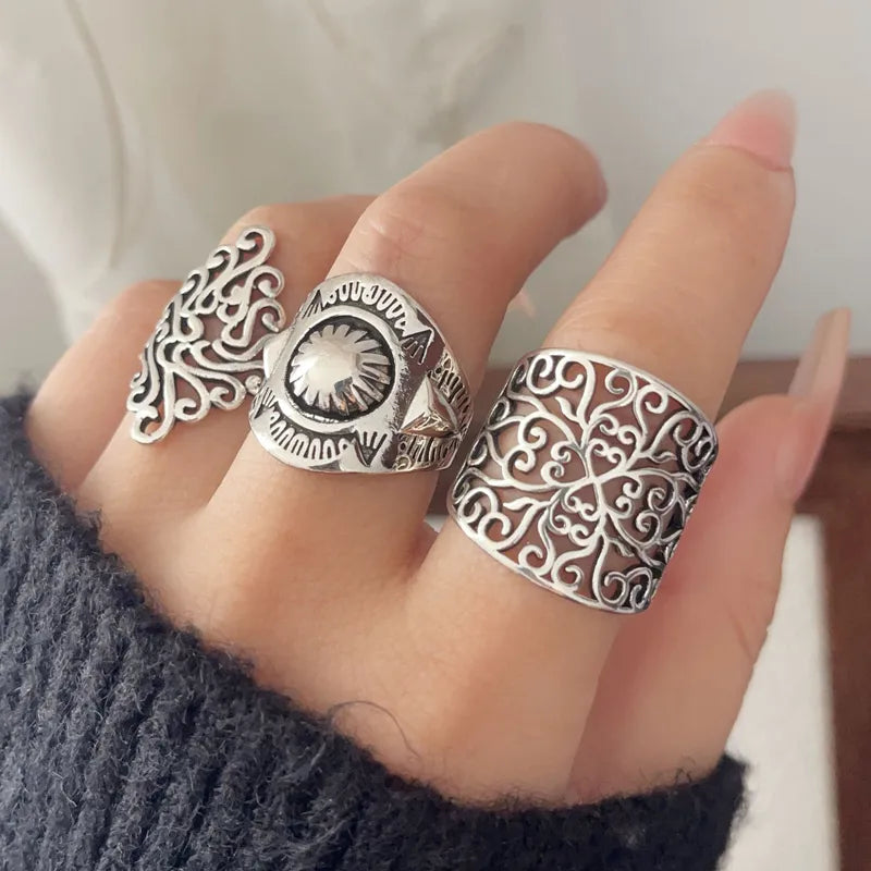 925 Sterling Silver Geometric Adjustable Ring for Women - Flower Hollow Design