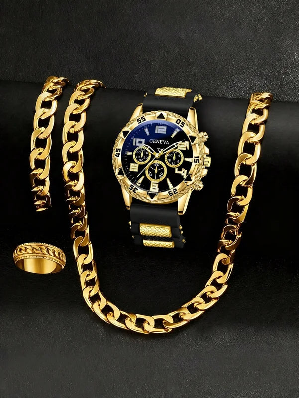 Casual Men's Quartz Watch & Chain Ring Set - Stylish Daily Accessory Combo