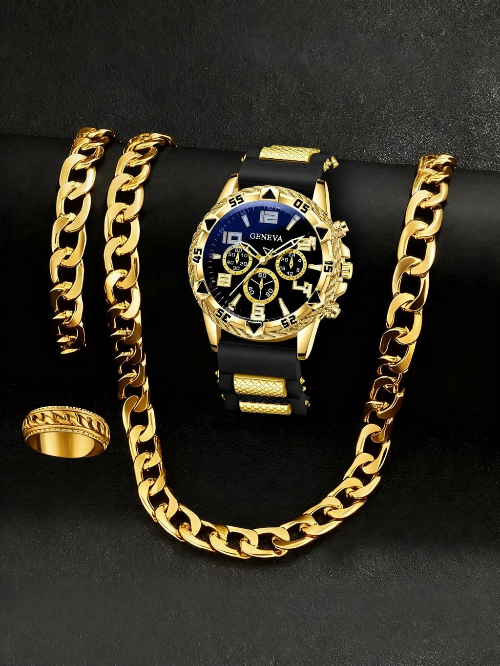 Casual Men's Quartz Watch & Chain Ring Set - Stylish Daily Accessory Combo