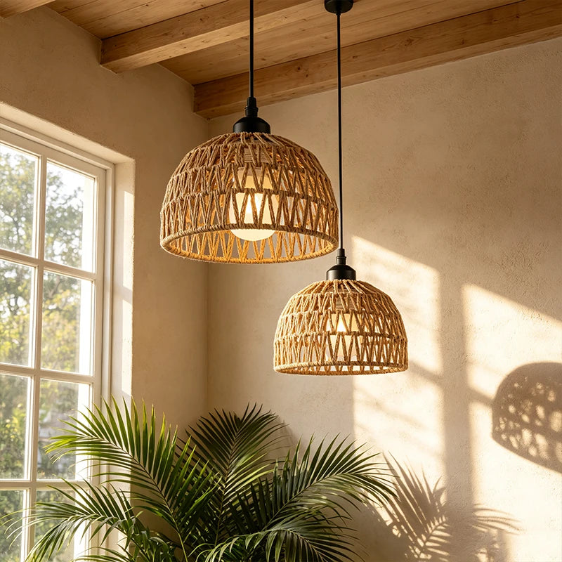 Boho Rattan Pendant Light 20cm Ceiling Lamp for Living Room Kitchen Modern Decor