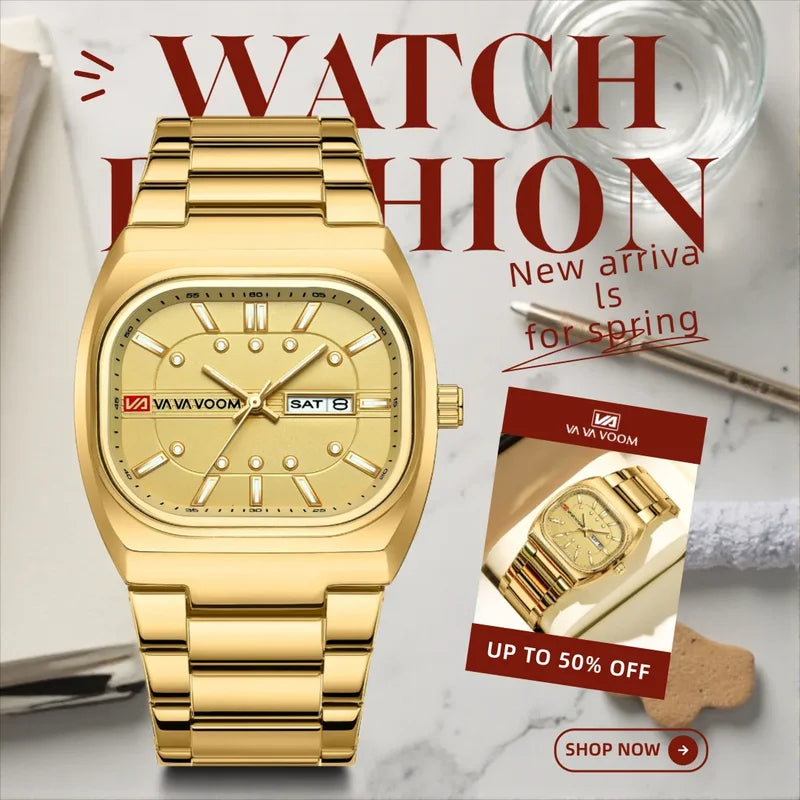 Men's 40mm Square Stainless Steel Quartz Watch - Waterproof Business & Sport Style