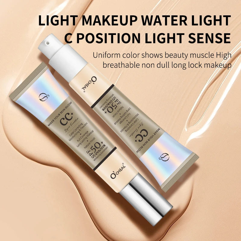 Waterproof CC Cream Foundation with SPF 50+ - Long-Lasting Moisturizing Concealer & Brightening Primer