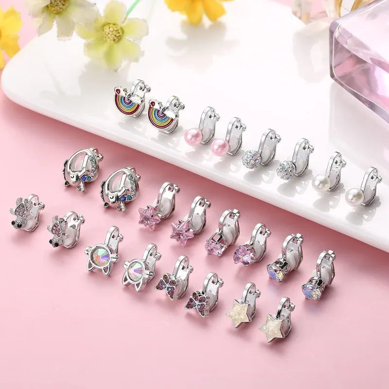 12 Pairs Clip-On Earrings Set for Women CZ, Pearl, Star, Heart & Butterfly Jewelry
