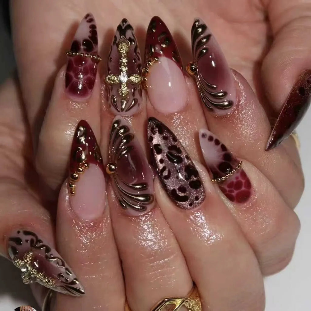 24Pcs Fake Nail Set with 3D Embossed Flowers Leopard Polka Dot Design – Almond Tips, Press-On Nails for Women & Girls