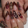 24Pcs Fake Nail Set with 3D Embossed Flowers Leopard Polka Dot Design – Almond Tips, Press-On Nails for Women & Girls