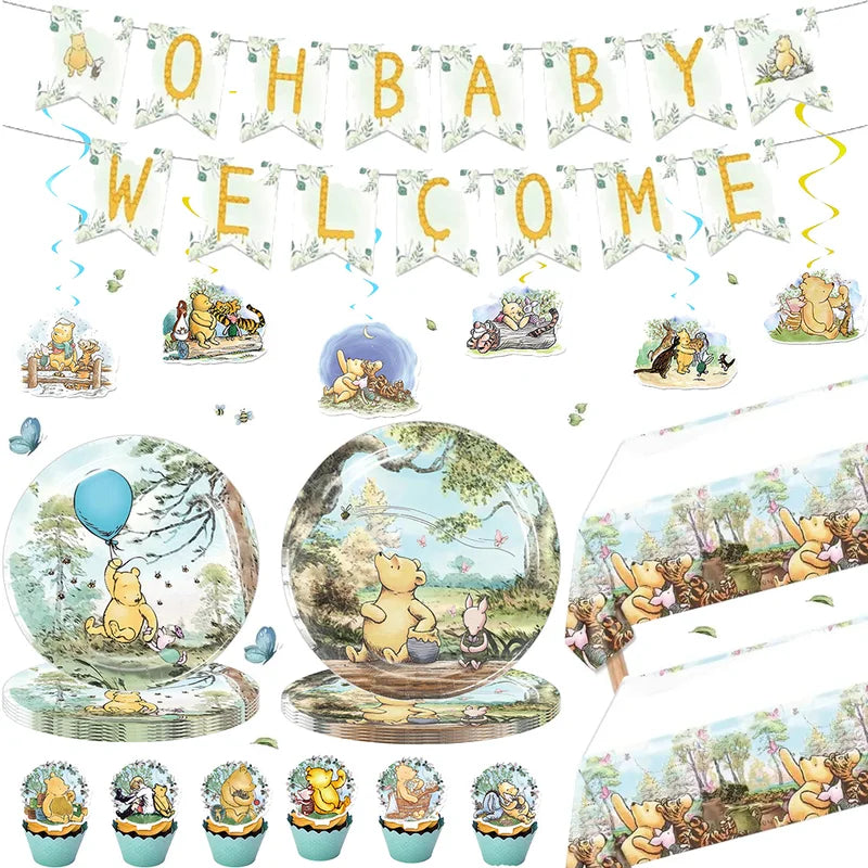 Winnie the Pooh Birthday Party Supplies Set – Disposable Plates Cups Napkins Banners for Kids & Baby Showers