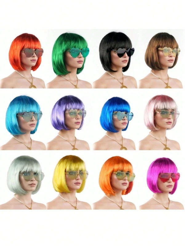 Colorful Short Straight Wig for Halloween Party - Funny & Novelty Accessory with Heart-Shaped Sunglasses