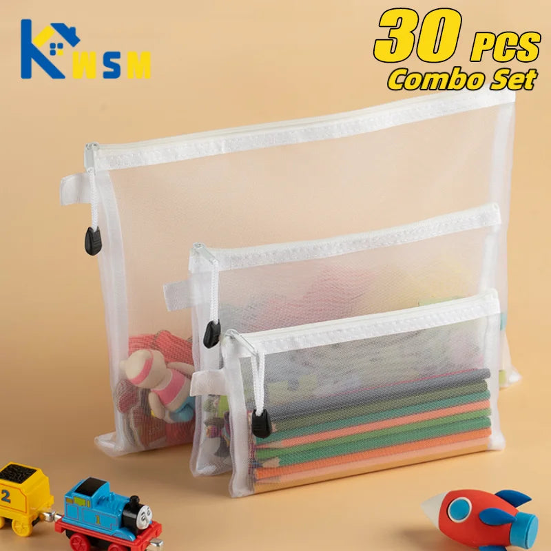 Mesh Zipper File Bags Waterproof Storage Organizer Set - Multiple Sizes