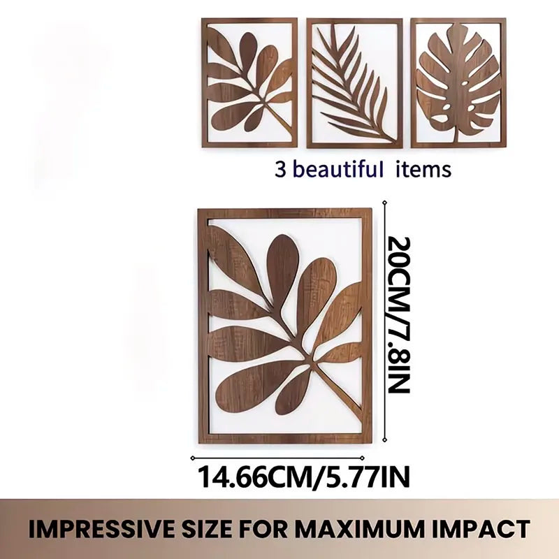 3-Piece Tropical Leaf Wooden Wall Decor Set - Boho Indoor Hanging Art