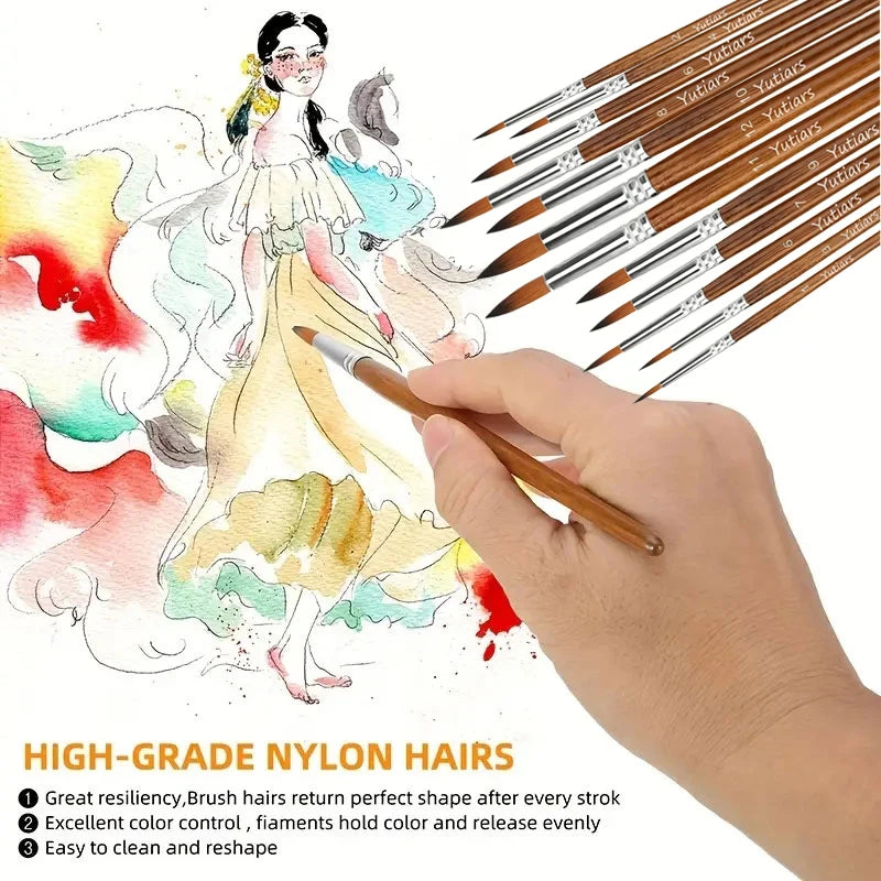 12-Piece Artist Paint Brush Set - Versatile Watercolor, Acrylic, Oil & Gouache Brushes